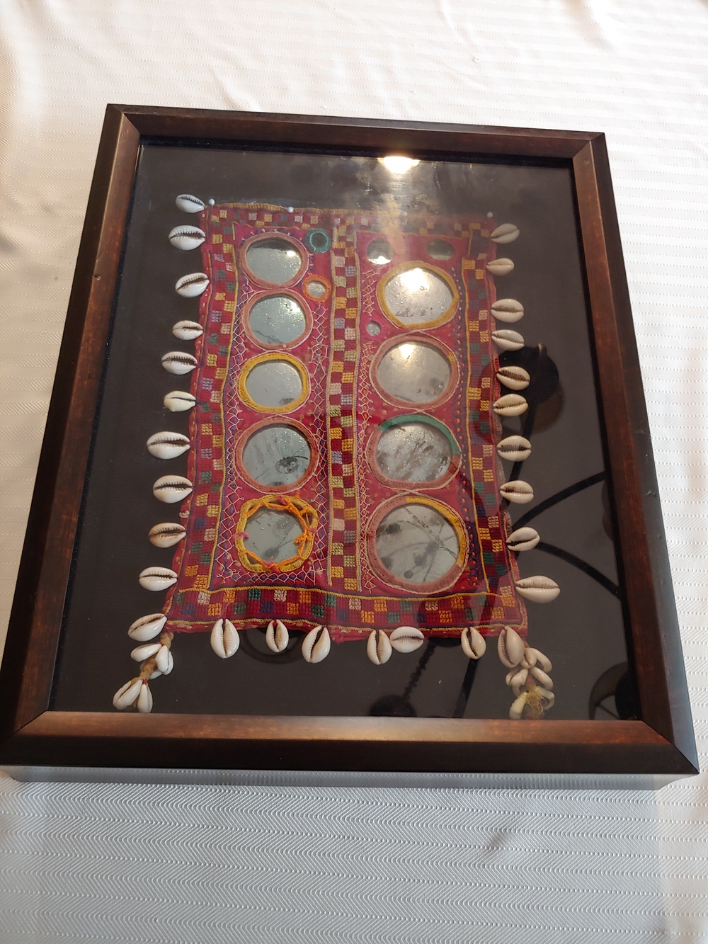 Vintage Handcrafted Indian Banjara Red Textile Mirror Panel with Shell Trim